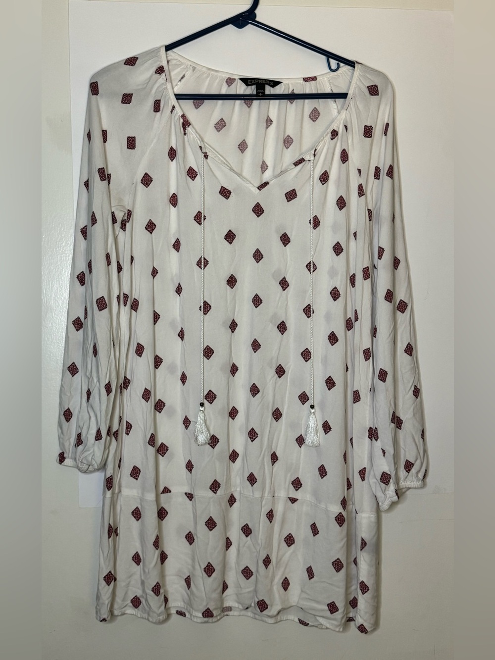 Express White Tunic with Burgundy Diamond Motif